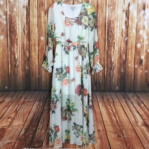 Belle + Sky Cottagecore Floral Long Sleeve White Semi Sheer Maxi Summer Dress XS